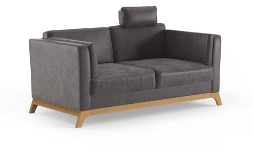 Cavadore 2,5er-Sofa Vida / 2,5-Sitzer Couch im trendigen Design mit massivem Holzrahmen in Eiche, Kopfstütze mit Kuschelkissen / 183 x 84 x 93 / Mikrofaser, Graubraun