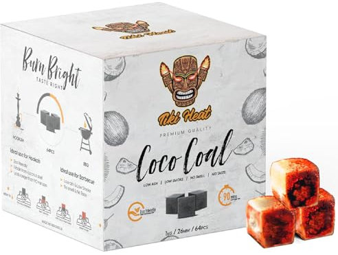 TIKI HEAT Shisha Kohle 2KG I Premium BBQ Grillkohle I 26mm Kohle Shisha Grill Kokos Briketts I Lange Brenndauer I Ökologisch I für Wasserpfeife & Grill I 128 Würfel