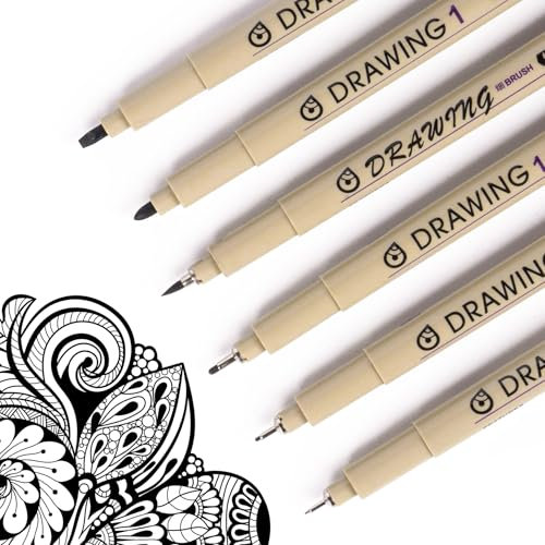 Toptime Fineliner Schwarz, 6 Stück Fineliner Set mit Brush Pen für Künstler, Wasserfeste Filzstifte mit 6 Verschiedene Linienbreiten, Zeichenstifte für Cartoons, Illustration, Technische Zeichnungen