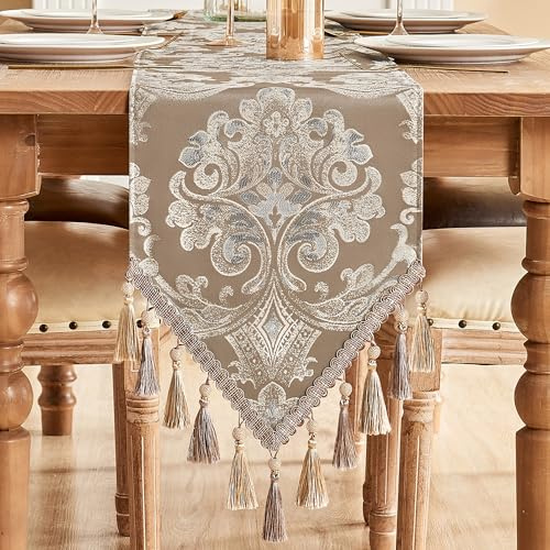 Loom and Mill Luxuriöser Tischläufer für Heimdekoration, Jacquard-Blumenmuster mit Quasten, 228,6 cm lang, Damastläufer für Esszimmer, Kommode, Party, Bankett, Dekorationen (Hellkaffee, 33 x 228,6 cm)