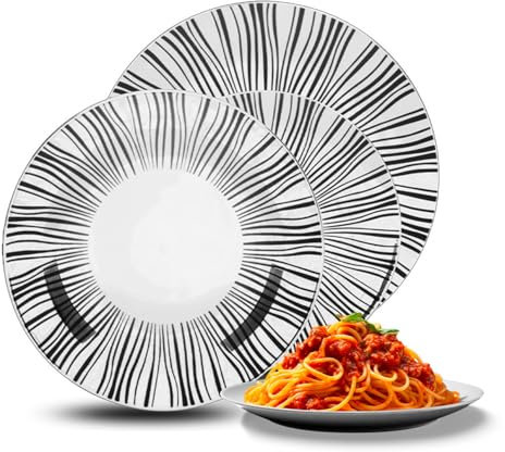 Avilia Servizio di Piatti 18 Pezzi in Porcellana con Fantasia Nero e Bianco - Ideale per Cene in Famiglia e Occasioni Speciali con Piatti Piani, Fondi e per Dessert - Lavabili in Lavastoviglie