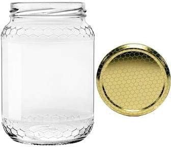 Pots en verre pour miel de 1 kg (773 ml) - Lot de 12 pièces avec bouchons aérateurs 82 mm inclus - Pots en verre pour le miel en forme de nid d’abeilles pour apiculteurs avec bouchons twist-off dorés
