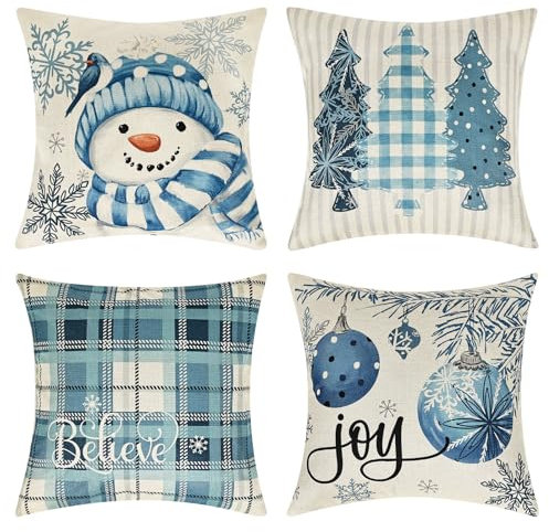 Joyoldelf 4er Set Kissenbezug Weihnachten - Schneemann Weihnachtsbaum Weihnachtsdeko Leinen Kissenbezüge 45x45 cm, Geeignet für Schlafzimmer Sofa Wohnzimmer Büro Kissenhüllen Deko (Blau)