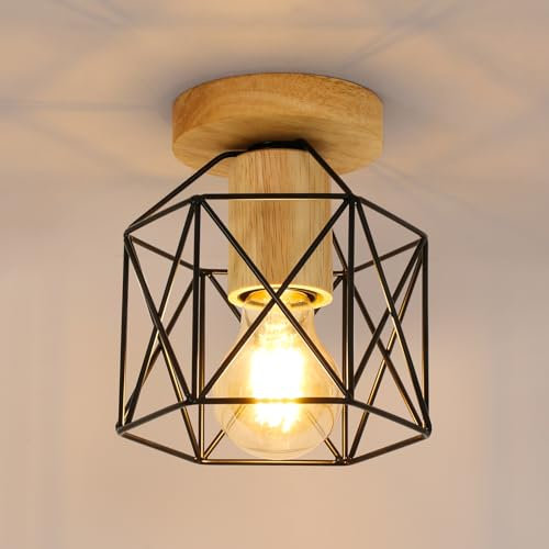 Goeco Deckenleuchte Industrial, Vintage Deckenlampe in Form Eines Sechseckigen Käfigs mit Holzsockel, E27-Fassung, Retro Pendelleuchte Lampenschirm für Flur, Balkon und Speisesaal, 14 CM