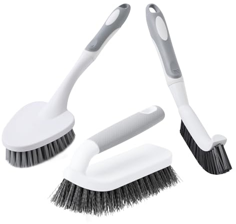CLEANHOME 3 Pcs Scrub Brush,Multifunctional Cleaning Brush Set with Non-Slip Handle and Sturdy Bristles,Scrub Brushes for Cleaning Bathroom,Kitchen,Grout,Tile,Grey