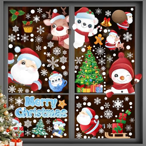 Fensterbilder Weihnachten, 228 Stück Weihnachtsdeko Fenster Selbstklebend, 10 Blätter 30 x 20 cm Fensterdeko Weihnachtsmann Elch Schneeflocken Schneemann für Weihnachtsdeko Innen (Weihnachtsdeko)