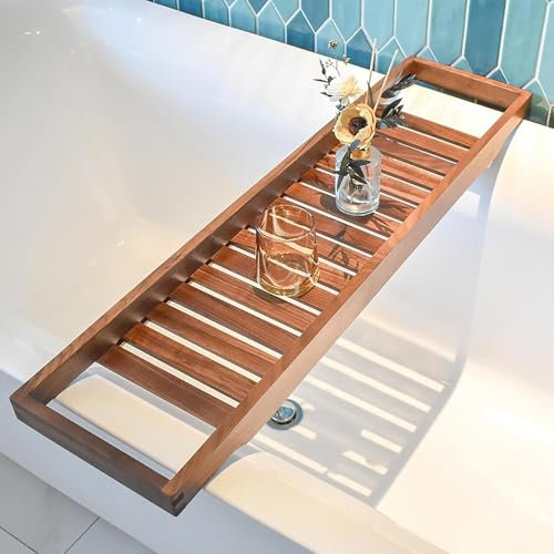 RCJCQSR Bandeja de madera para bañera, bandeja de baño de nogal para bañera, estante versátil, bandeja grande para mesa de baño, tabla de baño, soporte de bañera de listones largos, accesorios de