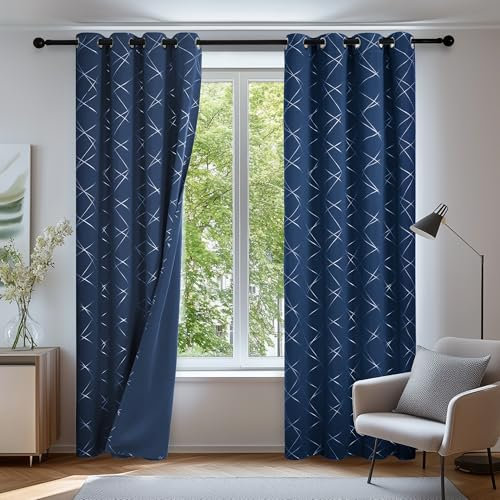 Deconovo Gardinen Blickdicht Vorhänge mit Ösen Wohnzimmer Gardinen Verdunkelungsvorhang Thermogardinen, 229x117 cm(HöhexBreite), Dunkelblau, 2er Set