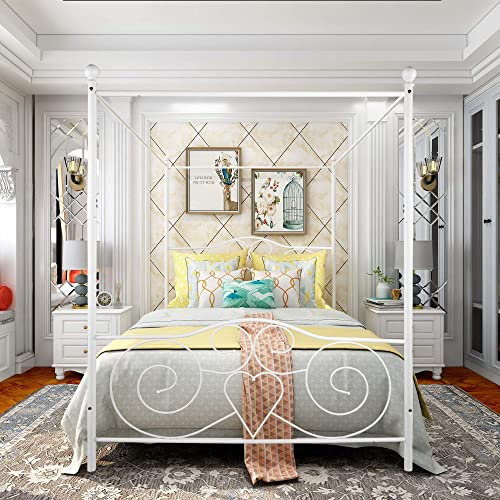 HAHRIR 5ft King Canopy Bed Frame Platform, 150x200cm Kingsize Bed Frame with Vintage Headboard and Footboard, Heavy Duty Steel Slats and Support with Mattress Foundation,White