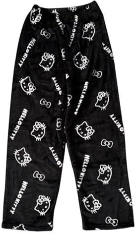 ZKZFCAI Pantaloni Pigiama Donna Lungo Flanella Kitty Stampa di Cartoni Animati Anime Kawaii Pigiami Morbido Comodo Caldo Pile Casual Casa Pigiamino (IT, Testo, XL, Regular, Regular, Nero)
