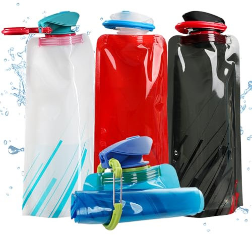 Kyzuzia 4 Stück Faltbare Trinkflasche,Faltbare Flasche für Wandern Abenteuer Reisen,Wiederverwendbare Trinkflasche Zusammenklappbare Trinken-Rot schwarz blau weiß