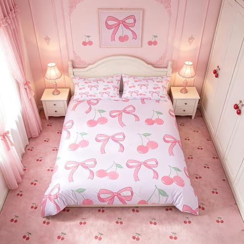 Manfei Cute Bows Duvet Cover Set Double Size, Pink Cherry Bedding Set 3pcs, Cartoon Bowknot Cherry Print Comforter Cover, Kids Girls Room Decor, Soft Polyester Quilt Cover, 2 Pillowcases, No Comforter