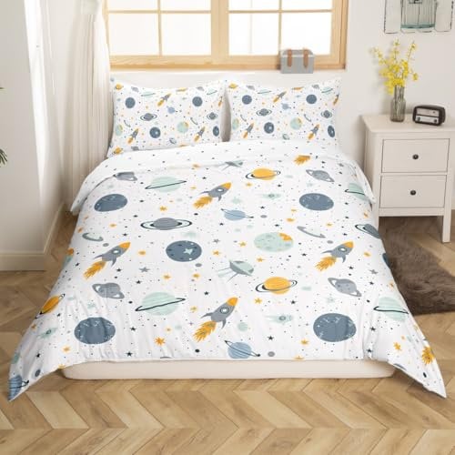 Homemissing Juego de ropa de cama de 3 piezas con funda de edredón y 2 fundas de almohada, diseño de cohete y naves espaciales para niñas, tamaño Super King