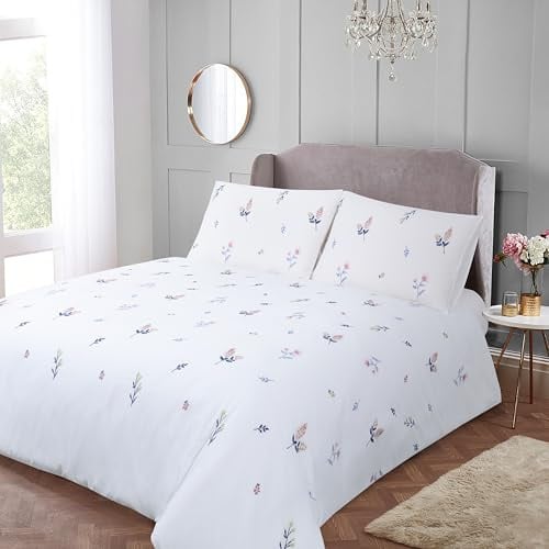 White Double Duvet Cover Floral Bedding Embroidered Cotton Double Bed Set | Flower Quilt Cover Soft Breathable with 2 Pillowcases 3 Pieces for Double Bed 200x200 cm Duvet Set