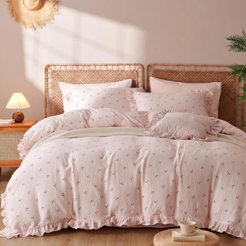 Sedefen Musselin Bettwäsche 220x240 Baumwolle Rosa Kirsche Mädchen Bettwaren Bettwäsche Set mit Rüschen ÖKO-TEX Bettwäsche Musselin mit Reißverschluss, Bettbezug mit 2 Kissenbezüge 80x80 cm