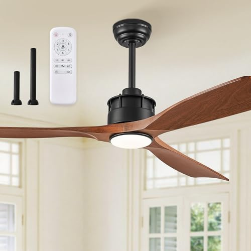 ZMISHIBO Deckenventilator mit Beleuchtung Ø 132 cm/52in, 3 LED-Lichtfarben + Fernbedienung, leiser Gleichstrommotor, 15/25 cm Hängearm, 6 Geschwindigkeiten, 1/4/8h Timer, 3 Flügel, Nussbaumfarbe