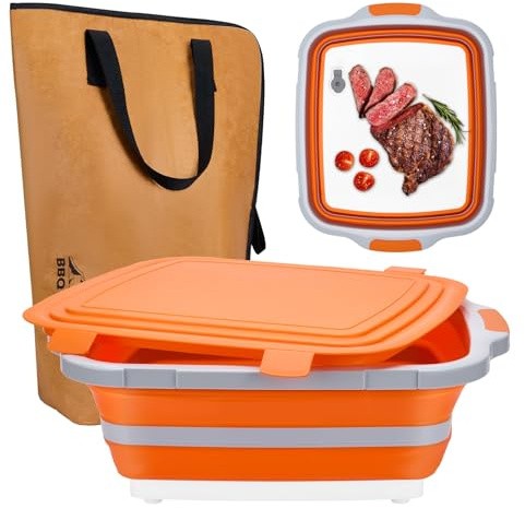 Collapsible Large BBQ Prep Tub & BBQ Resting Bag, Portable Smoking BBQ Blanket Prep Bucket for Resting Meat, Meal Prep, Marinating, 3in1 Foldable Meat Prep Tub Cutting Board with Locking Lid