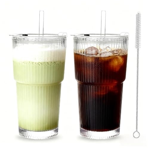 MEETOZ Iced Coffee Cup,2 Set 600ml Finew Glass Cups,Ribbed Glass Tumblers with Lids and Glass Straws,for Smoothies, Beer, Cola, Juice, Soda
