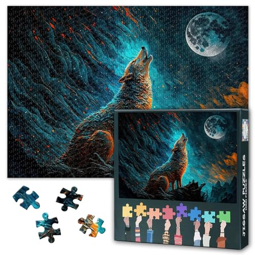 1000 Teile Puzzle: Wolf heult in Nacht (50x70cm) - Wildtier Ölgemälde, Herausforderndes Gesellschaftsspiel