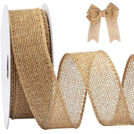 LIUYIDM Natur Schleifenband Juteband mit Draht Breite 2,5 cm x 18,2 m | SalbeiNatur Jute Geschenkband für Schleifen, für DIY-Bastelverpackungen, Geschenke und Blumenstraußdekoration