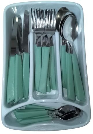Servizio di Posate 24 Pezzi completo per 6 persone Manici Colorati Ergonomici Made in Italy Acciaio Inossidabile Lavabili in Lavastoviglie omaggio il Porta Posate da Cassetto (Verde Tiffany)