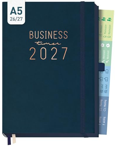 Häfft® Business-Timer Deluxe Kalender 2026 2027 A5 Nachtblau | 17 Monate Buchkalender mit Wochenplaner von August 2026 bis Dez. 2027, Wochenkalender mit Hardcover für Büro und Arbeit