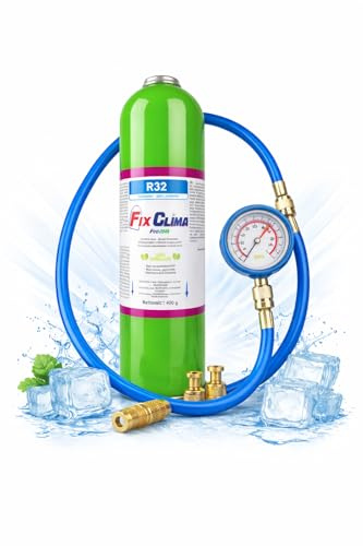 FixClima R32 Kit de recharge de gaz réfrigérant pour climatiseur 400 g avec manomètre professionnel et tuyau de remplissage, pour systèmes de climatisation split et monobloc, facile à utiliser, forte