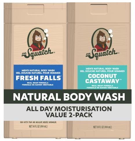 Dr. Squatch Natural Men's Body Wash Shower Gel - Cleansing, Nourishing, Long Lasting Scent, Moisturizing Body Wash for Men - Fresh Falls & Coconut Castaway (14 oz, 2-Pack)