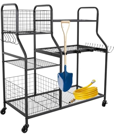 Mobile Gartengeräte Ständer 100x 42 x 94 cm, 40 kg, Gerätehalter Organizer mit Haken & Steckplätzen, Metall Gartengeräte Aufbewahrungsregal, Große Regal für Schaufe, Gartengerätehalter mit Rollen