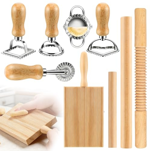 9 Stück NudelherstellungsSet:Effizientes Nudelherstellungs Set mit Nudelhölzern,GnocchiBrett,Teigschneider,Knödelmache,Ravioli Stempel Ausstechern,Effizientes Nudelherstellungs,für Heimküche & Backen