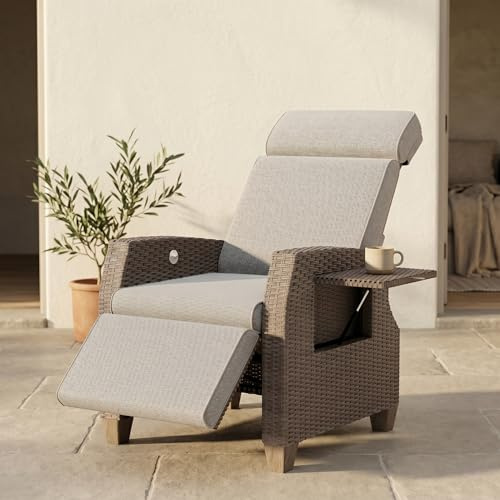Gartensessel Rattan Wetterfest Relaxsessel mit Liegefunktion, 160° Stepless Verstellbar Rückenlehne, Bis 220kg, Loungesessel mit Sitzkissen und Fußstütze, Relaxliege für Wohnzimmer, Balkon, Outdoor