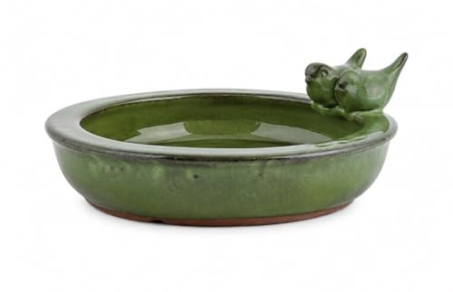 Dekorative Keramik Vogeltränke mit Vogelfigur, Vogelbad für Wildvögel, Gartendeko für Balkon, Terrasse und Außenbereich, mehrere Farben (Grün)