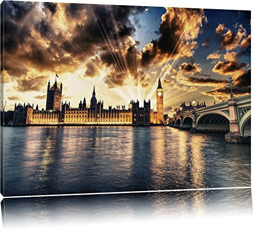 Dark Big Ben am AbendFormat: 120x80auf Leinwand, XXL riesige Bilder fertig gerahmt mit Keilrahmen, Kunstdruck auf Wandbild mit Rahmen, günstiger als Gemälde oder Ölbild, kein Poster oder Plakat