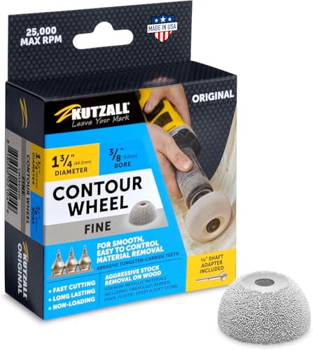Kutzall Contour Wheel, 1-3⁄4 (44.5mm) Dia. X 3⁄8 (9.5mm) Bore, Medium - Woodworking Die Grinder Attachment for Bosch, Milwaukee, DeWalt. Abrasive Tungsten Carbide Coating CW134O230