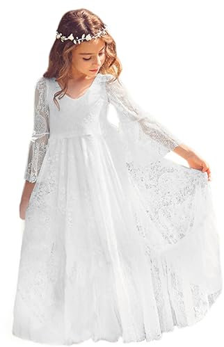 Babyonlinedress Elegantes Kleid für Mädchen, Kinder, Hochzeit, Ehre, Abendkleid, Prinzessin, edel, V-Ausschnitt, lang, aus Spitze, elfenbeinfarben, 12-13 Jahre