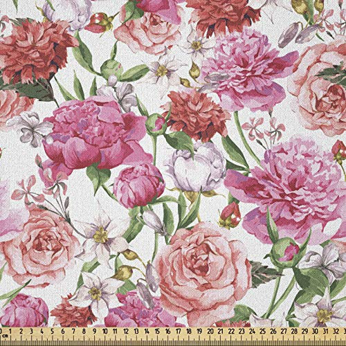 ABAKUHAUS Aquarell Microfaser Stoff als Meterware, Rosa Pfingstrosen Rosen, Deko Basteln Polsterstoff Textilien, 2M (230x200cm), Weiß Rosa