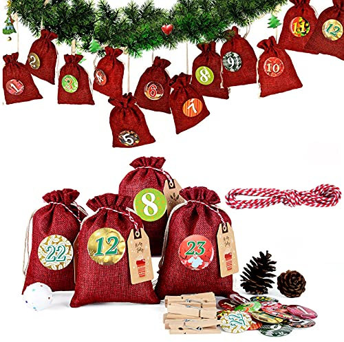 Adventskalender Kette zum Befüllen und Aufhängen, 2024 Weihnachten Geschenksäckchen Deko Jute-säckchen zum Selberfüllen, jutebeutel, Stoffbeutel, 24 Zahlen Buttons von DIY (Rot)