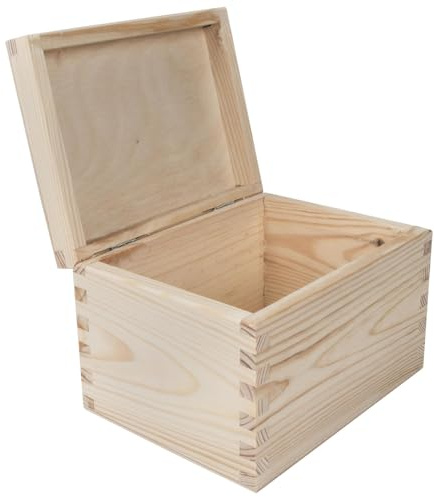 WooDeeDoo Small Wooden Storage Box with Hinged Lid – 16 x 12 x 11 cm – Unpainted Pine Container for Décor Crafts Gifts Memory Items DIY Customisation Painting Waxing Decorating
