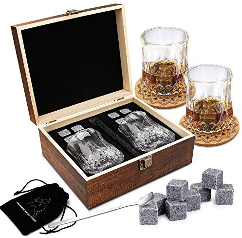 Ensemble de Verres à Whisky - Coffret Cadeau Bois - 8 Glaçons en Pierre Réutilisables - Lot de 2 Verres Cristal à Bar pour Homme & Femme - 2 Dessous-Verres - Idée Cadeau pour Tous Festivals.