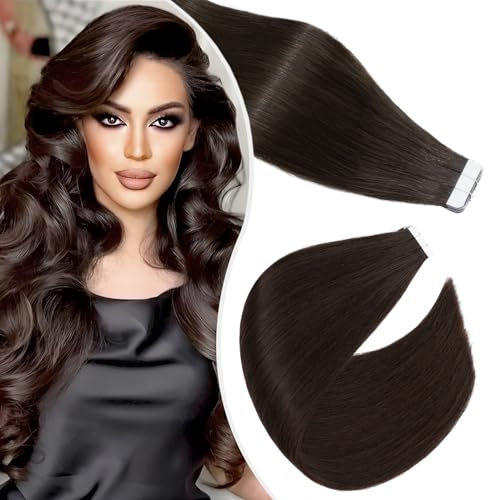 Elailite Echthaar Extensions Tape in #2 Dunkelbraun 20 stück Invisible Kleber Haarverlängerung Klebestreifen Real Human Hair 25cm 20g