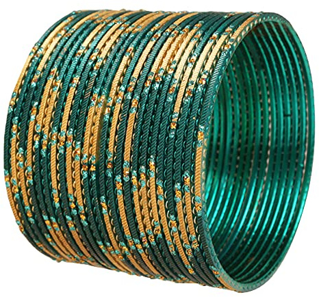 Touchstone Indian Fresh Bollywood Fashion Handcrafted Enchanting Pastel Bottle Green Gold Color Rhinestone Designer Jewelry Bracelets. Set of 24. For Women., One Size, Metal, No
