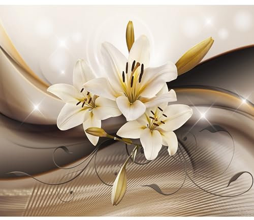 decomonkey Fototapete Blumen Lilien 450x315 cm XL Tapete Wandbild Wandbild Bild Fototapeten Tapeten Wandtapete Wandtapete Abstrakt orange Holz braun