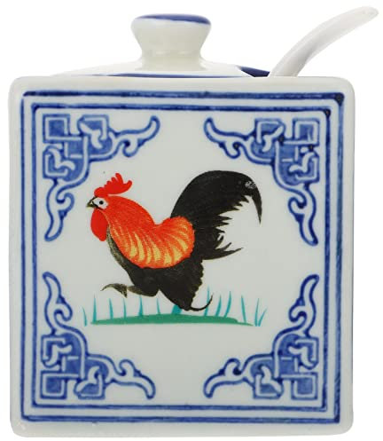 Garneck Salz- und Pfefferkeller mit Deckel und Löffel, Keramik, Vintage-Zuckerdose, Porzellan, Gewürzbox, Blau-Weiß, Porzellanhahn, 7 x 7 cm