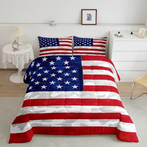 Feelyou Bettwäsche-Set mit amerikanischer Flagge, Tarnmuster, USA-Flagge, Tröster-Set, Tröster, Blau, Rot und Weiß, Sterne, Daunen, Alternative Bettdecke für alle Jahreszeiten, Raumdekoration,