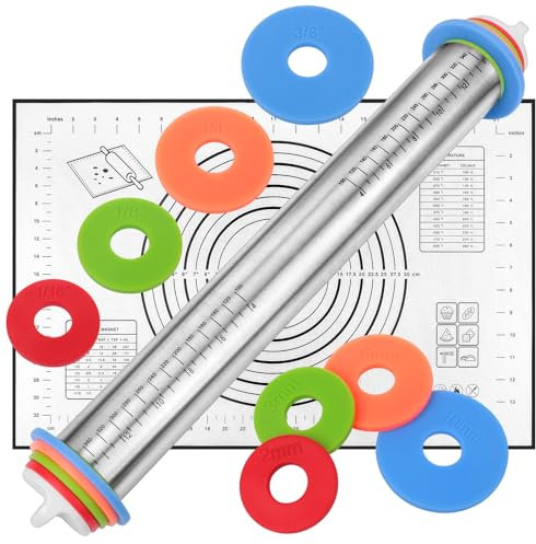 Adjustable Rolling Pin with Thickness Rings for Baking, Stainless Steel Desgins Dough Roller Pins with Silicone Pastry Nonstick Mat for Cookie Decorating Baking Supplies Fondant Cake Baker Gift