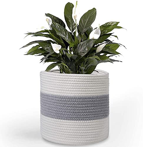 KMERCE Cesta para Plantas, macetas de Fibra de algodónc, Cestas Trenzadas Maceta con asa, Macetas para decoración Interior, Cesta Plegable de Almacenamiento para el hogar, diámetro de 20 cm