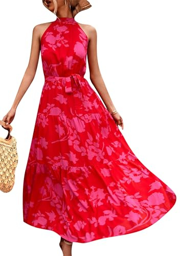 EFOFEI Damen Langes Sonnenkleid Mit Gürtel Boho Floral Fließendes Kleid Partykleid Cocktailkleid Strandkleid Business Casual Kleid