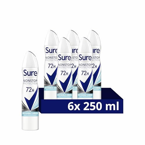Sure Nonstop Protection Invisible Aqua Anti-Perspirant Aerosol Women's Deodorant Spray with Body Heat Activated technology and white mark protection for 72 hour odour and sweat protection 6x 250 ml