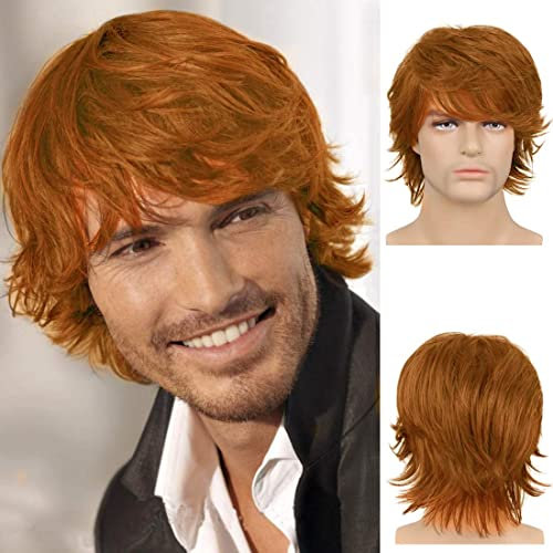 Beweig Orange Perücke für Herren kurz geschichtet flauschig natürliche Perücke synthetische hitzebeständige Halloween Cosplay Perücke für Männer
