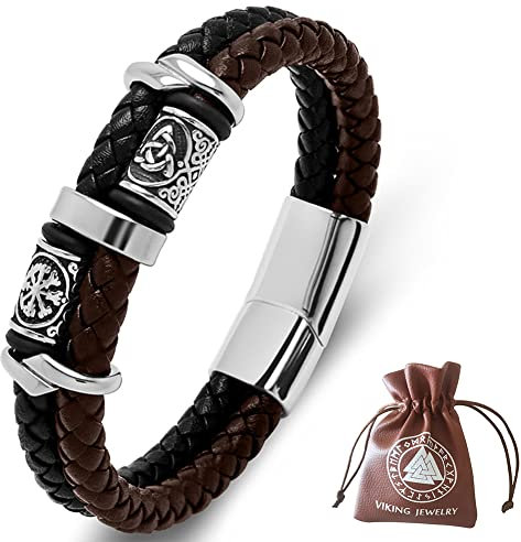 DPGOLDP Wikinger Lederarmband mit Edelstahl Celtic Knot & Vegvisir Runen Perlen Amulett Armbänder für Herren Damen,Black Brown,165mm